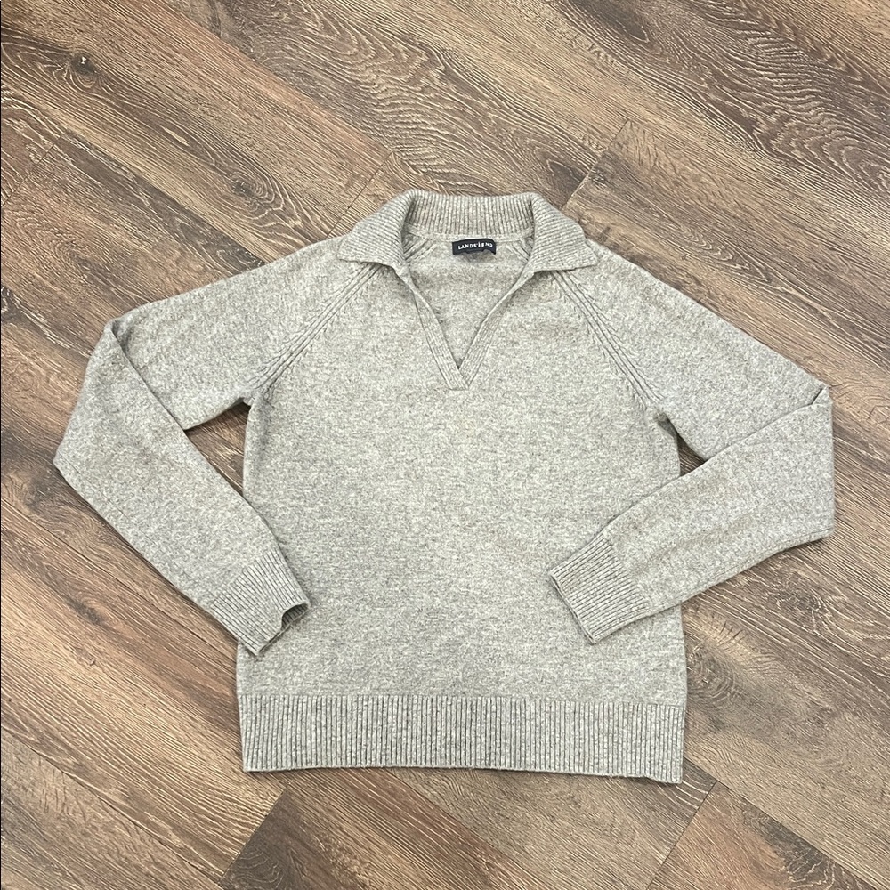 100% cashmere Lands' End Heather Gray Polo Sweater - small